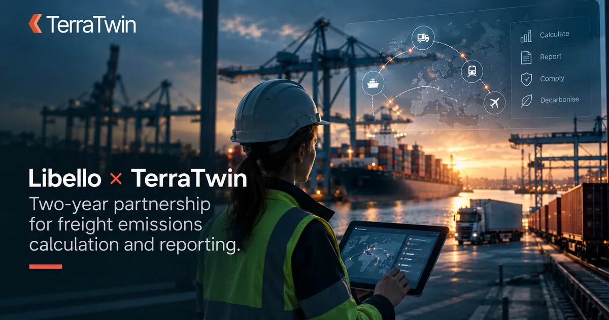 A port worker with a tablet in front of a container terminal, under the headline “Libello × TerraTwin”