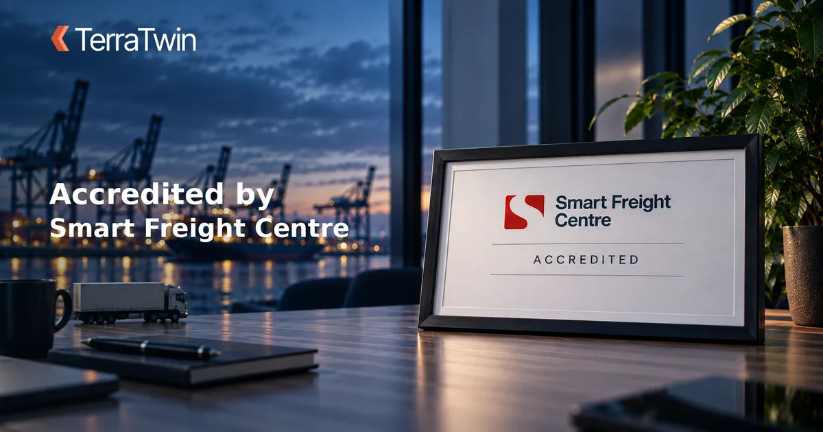 A framed Smart Freight Centre accreditation certificate on a desk overlooking a container port