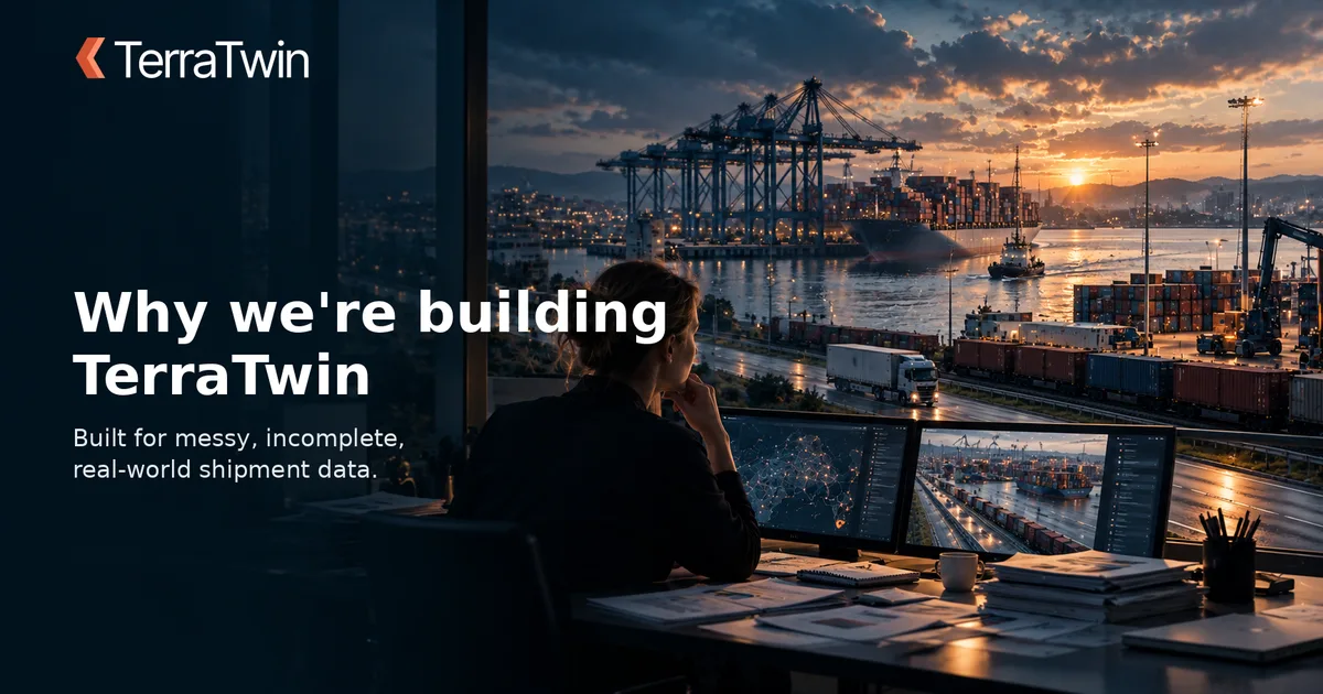 Someone at a desk of monitors looking out over a container port at sunset